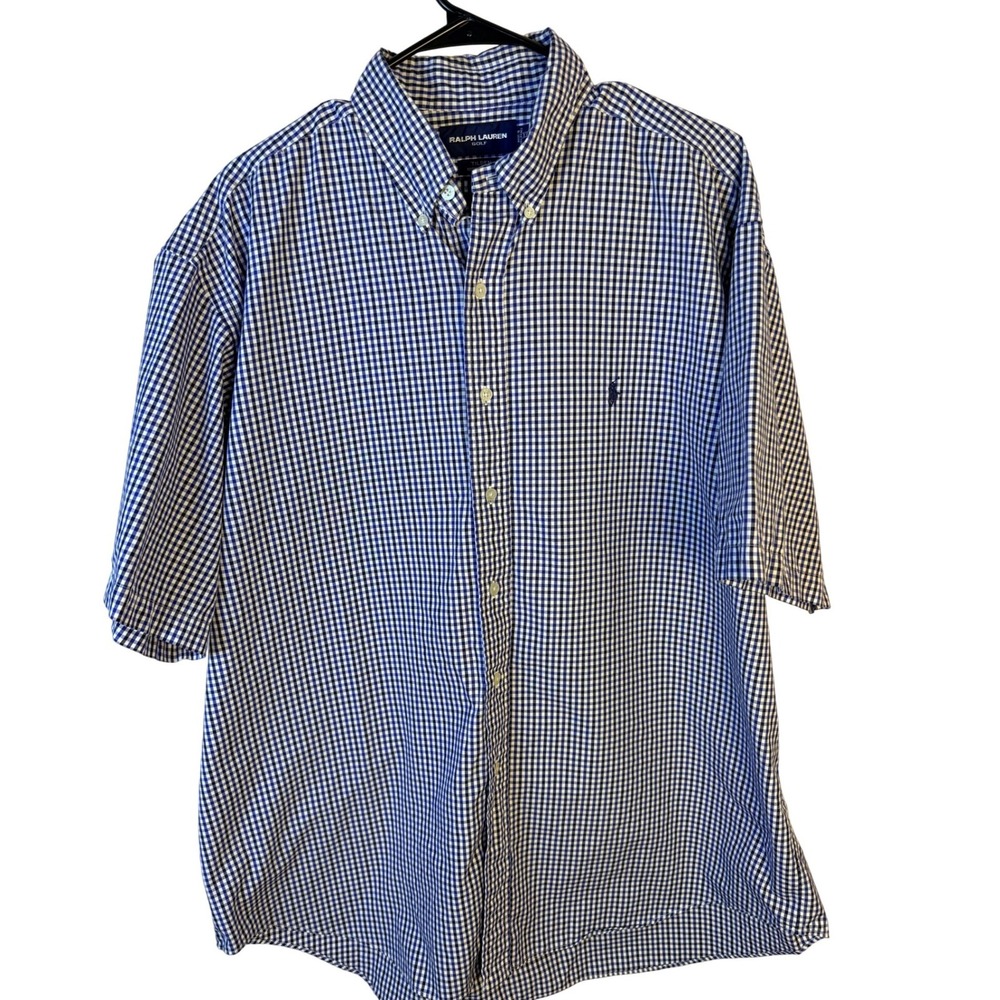 Ralph Lauren Golf Tilden Blue White Gingham Check Short Sleeve Shirt Mens XL